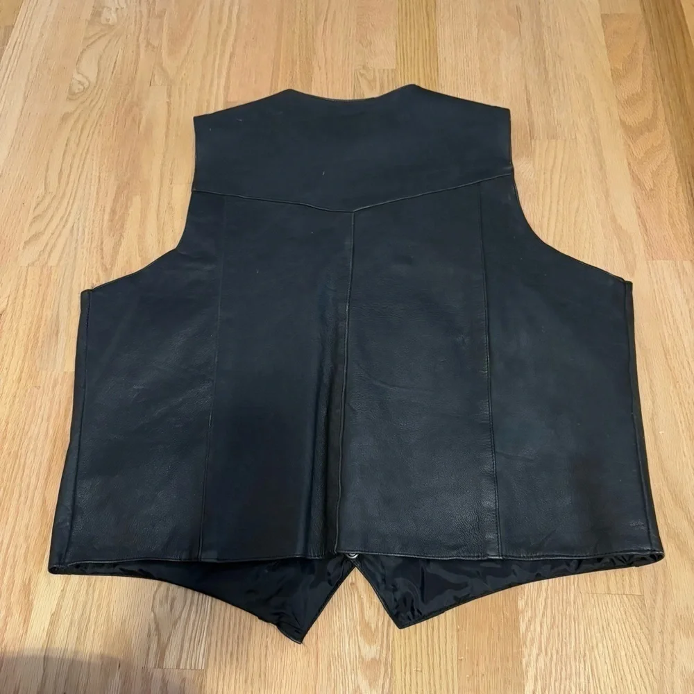Vintage First Genuine Leather Vest Sz 50 Biker Harley Davidson Pin Hog Owner